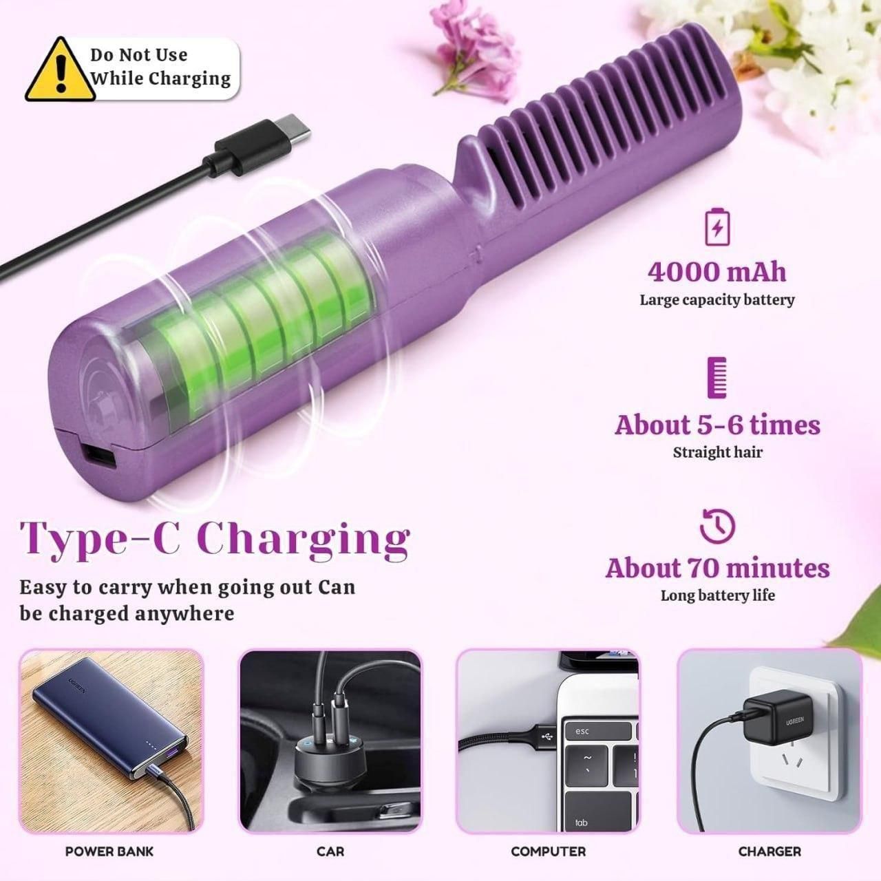 Cordless Mini Hair Straightener Comb – Rechargeable & Portable